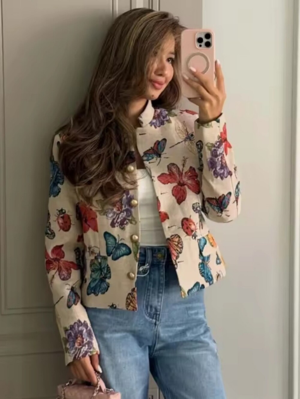 Butterfly Floral Print Cropped Jacket Women Stand Collar Gold Button Long Sleeve - Picture 3 of 7